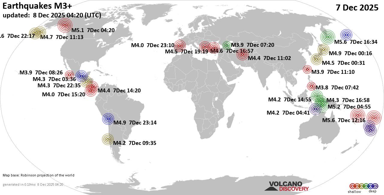 Worldwide earthquakes above magnitude 3 during the past 24 hours on 8 Dec 2025