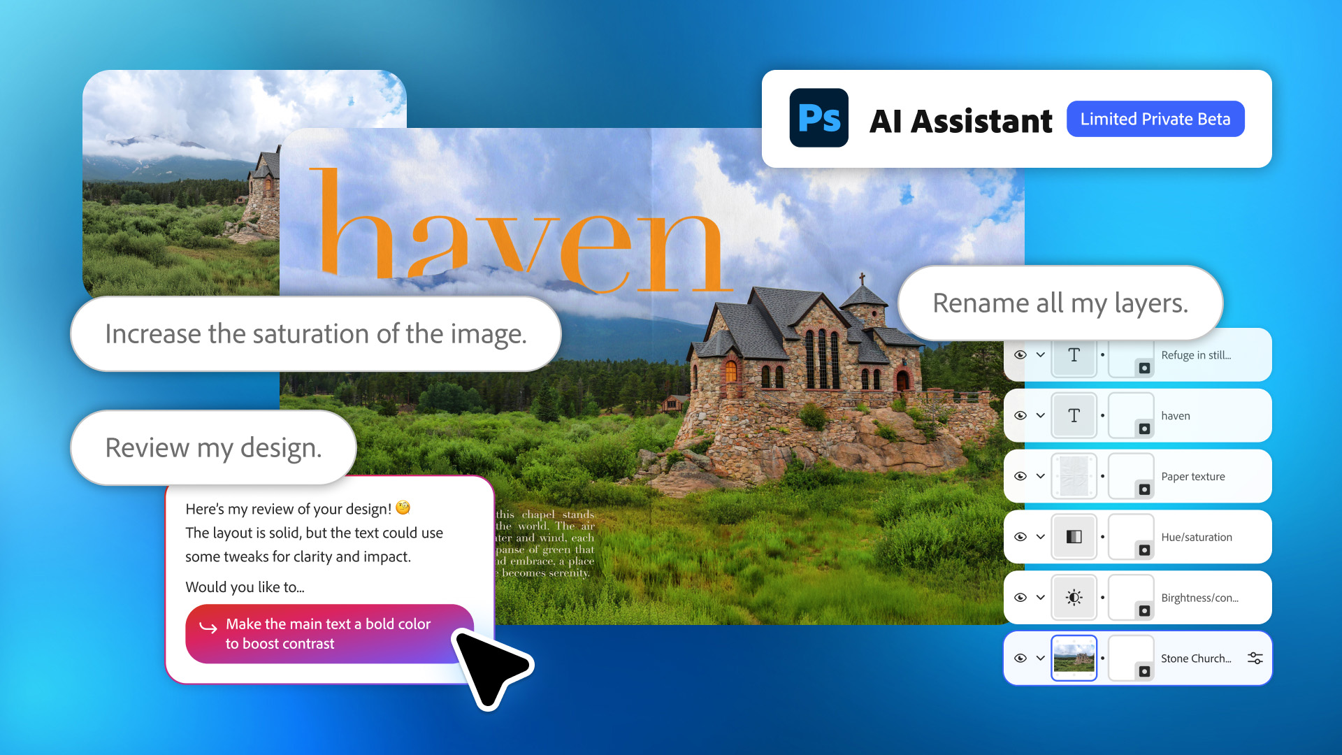 A screenshot of the limited private beta of the Photoshop (PS) AI Assistant shows suggested actions like "Increase the saturation of the image," "Review my design," "Rename all my layers," and an example interaction where the user is offered a design review and the option to "Make the main text a bold color to boost contrast"
