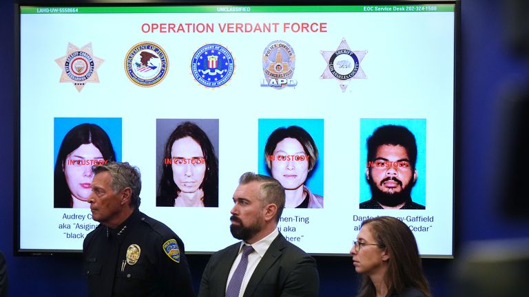 Photos of suspects of the terror plot are shown on a screen during a press conference. Pic: AP