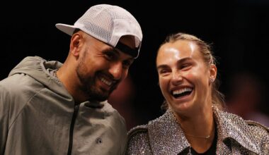 Aryna Sabalenka and Nick Kyrgios laugh ahead of their Battle of the Sexes tennis match in Dubai, United Arab Emirates, Sunday Dec. 28, 2025. (Amr Alfiky/Pool Photo via AP)