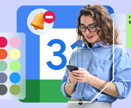 Smiling woman using a smartphone in front of a Google Calendar icon, surrounded by a color palette, a muted notification bell, and a 'Focus Block' label.