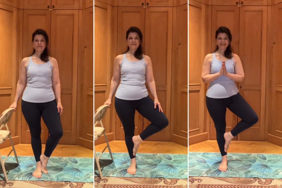 yoga poses demonstrating balance and flexibility using a chair for support.