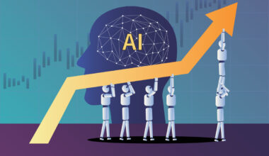 AI robots holding chart going up and right.