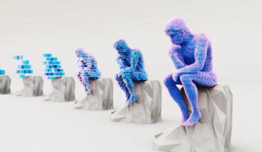 AI figures sitting on digital rocks.