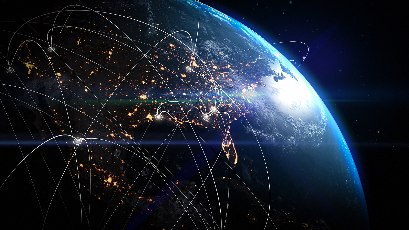 View of Earth from space at night showing illuminated city lights and glowing data network lines connecting various points across continents, symbolizing global communication, technology, and interconnected digital infrastructure. The image highlights the curvature of the planet with a bright sunrise over the horizon and deep space background.