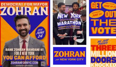 Montage of poster and Instagram screengrabs from Zohran Mamdani's campaign