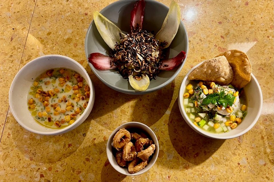 The starters at Cantina Valentina, clockwise from right: Scallop ceviche; fried calamari ceviche and tiger’s milk; smoked miso aubergine. Photo: Lucinda O’Sullivan. Photo: Lucinda O'Sullivan