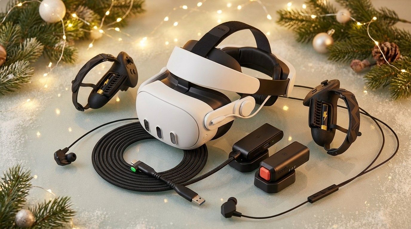 Meta Quest 3 VR accessories collage with Christmas background