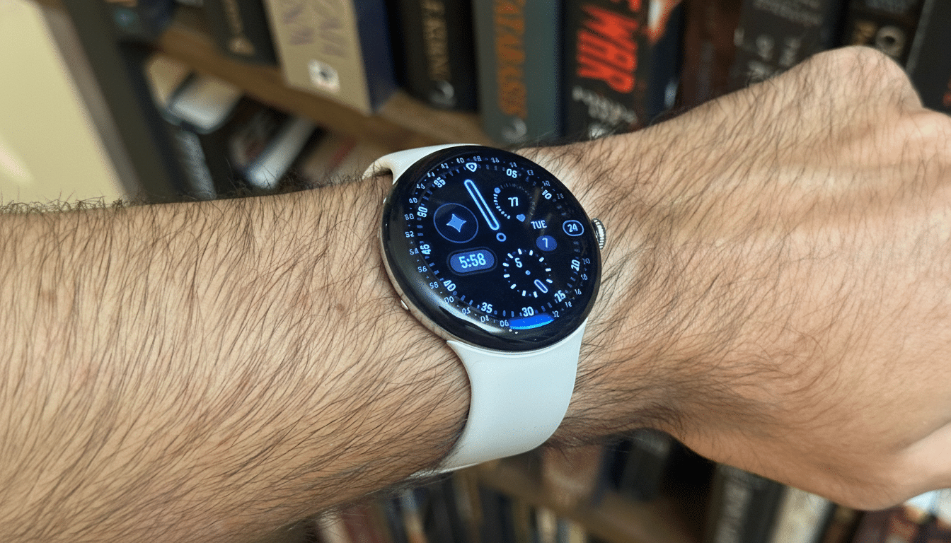 A close-up of a persons arm wearing a white Google Pixel Watch, displaying a blue and black watch face with various widgets.