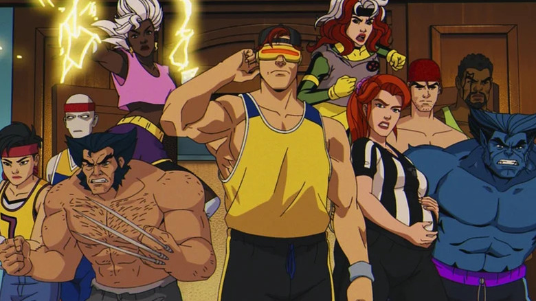 The X-Men stand together wearing basketball gear in X-Men '97