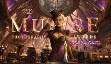 A highly stylized, steampunk-themed promotional image for the 2026 MUSE Photography Awards featuring a woman in a purple corset and top hat standing behind a counter of antique cameras and glassware, with text reading "Call For Entries."