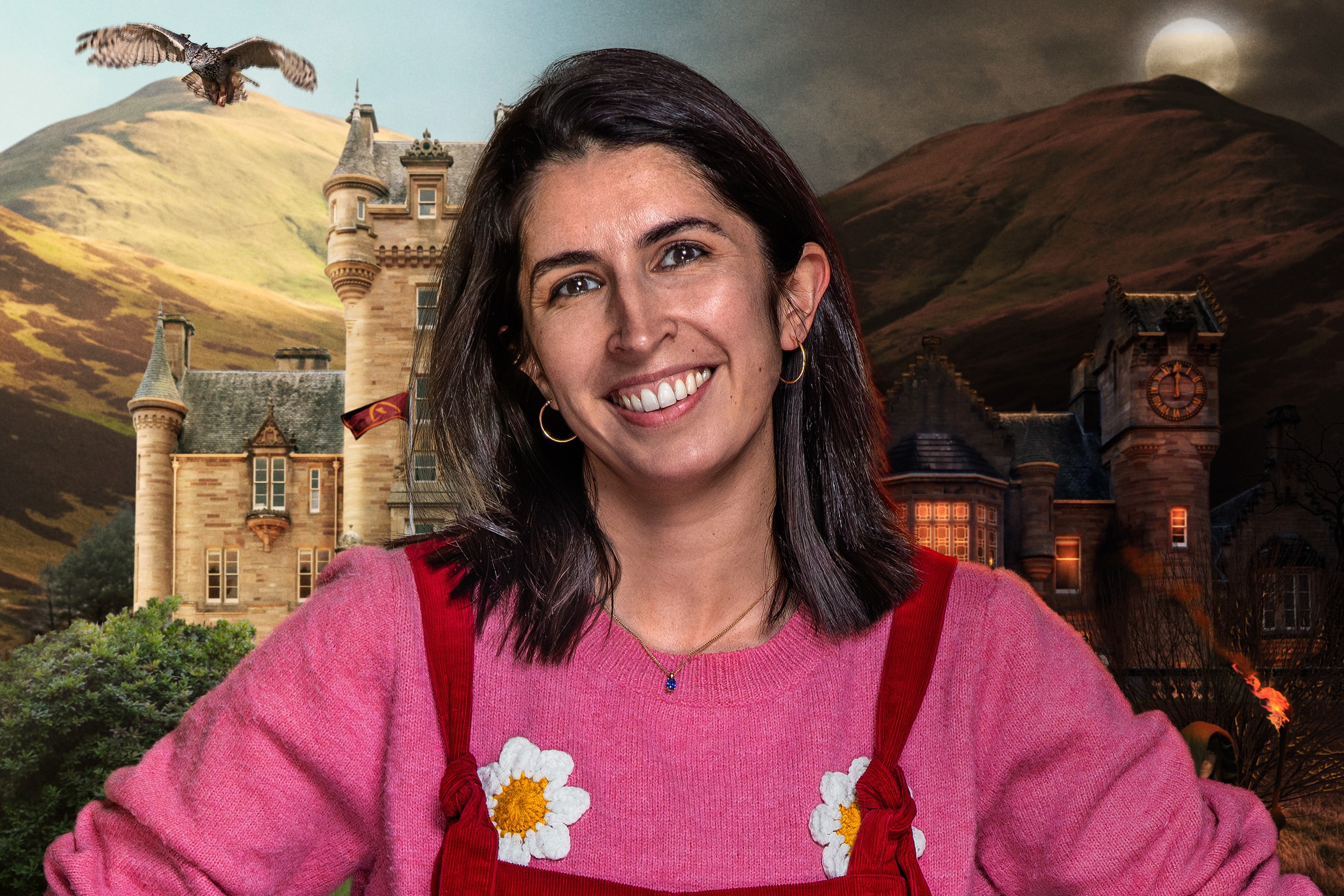 Charlotte, a contestant on "The Traitors," stands smiling in front of two castles.