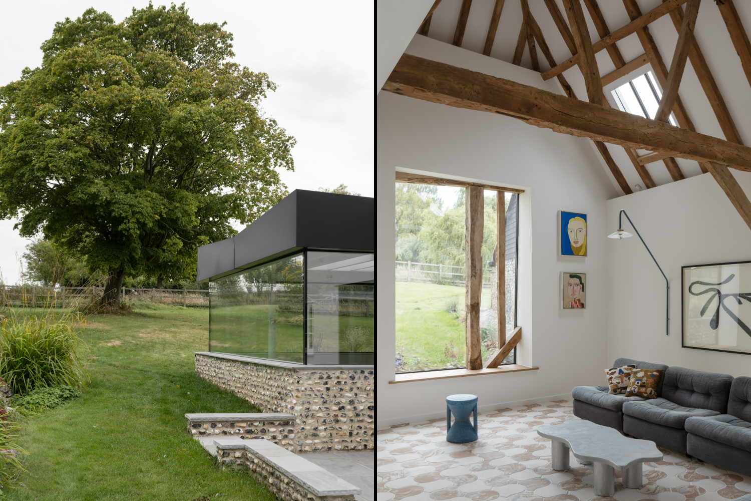 Collage of a modern glass and stone building in a garden and a living room with exposed wooden beams and abstract art.
