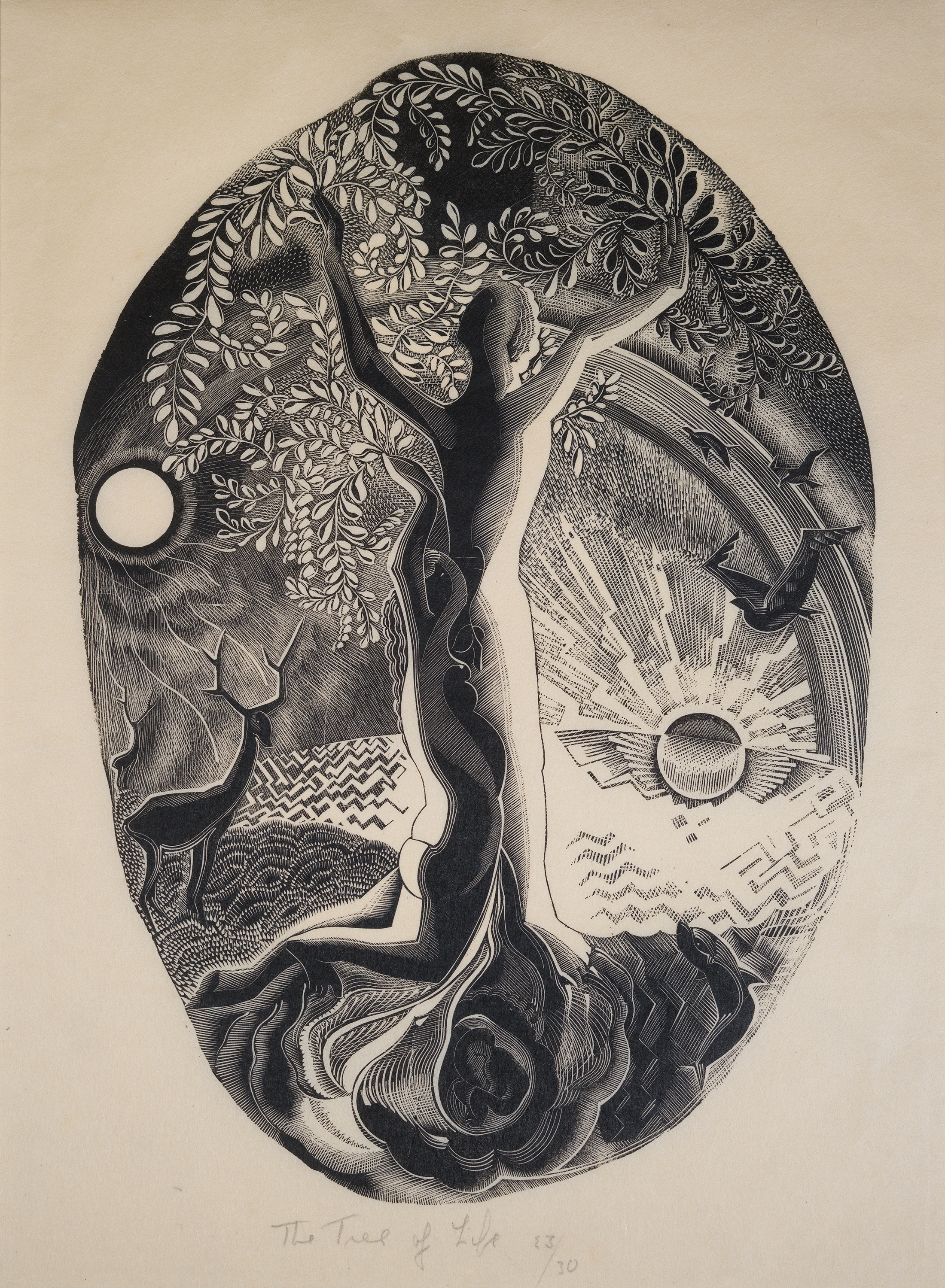 Wood engraving illustration titled "The Tree of Life" by Gertrude Hermes.