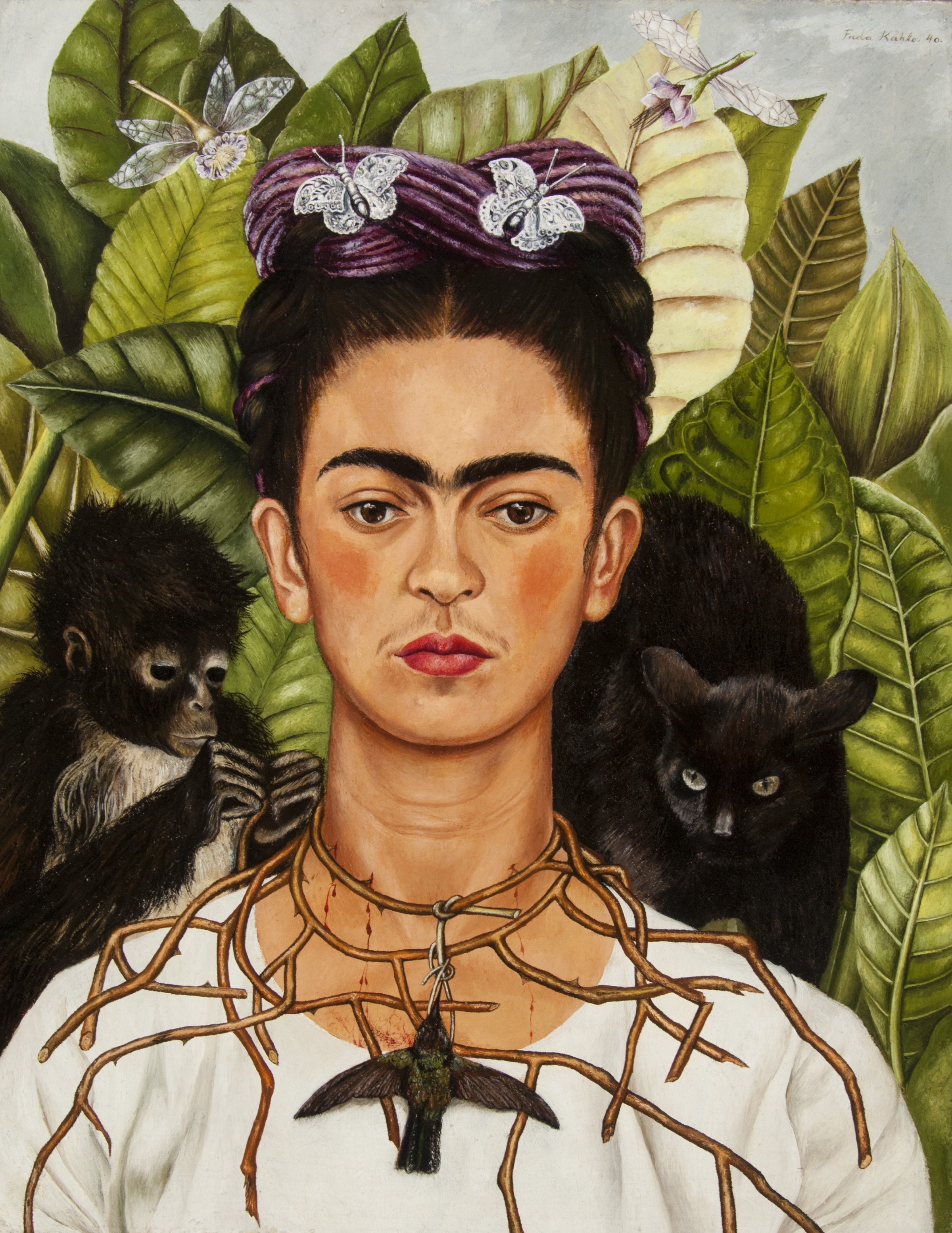 Illustration of Frida Kahlo in a white dress, wearing a thorn necklace with a hummingbird, a monkey and a black cat on her shoulders, and surrounded by large green leaves.