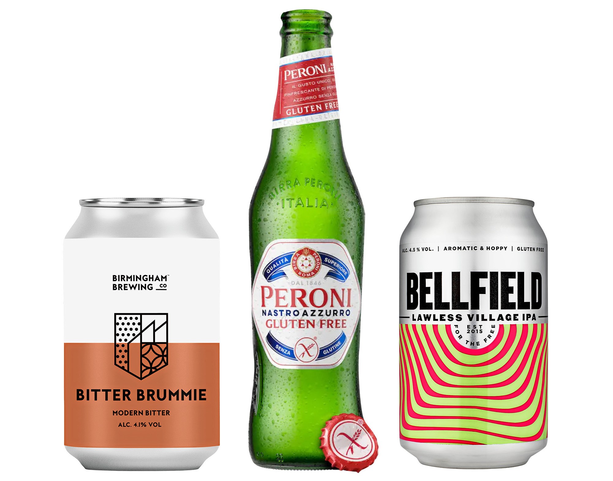 A Birmingham Brewing Co. Bitter Brummie can, a Peroni Nastro Azzurro Gluten Free bottle, and a Bellfield Lawless Village IPA can.