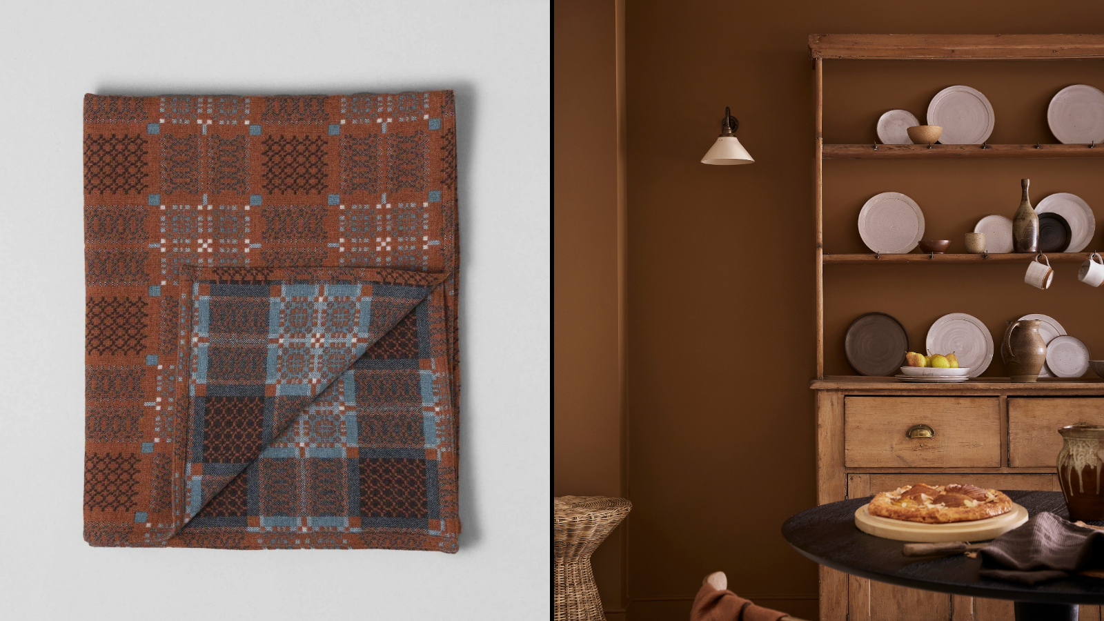 Collage of a brown and blue plaid blanket and a rustic wooden hutch with plates.