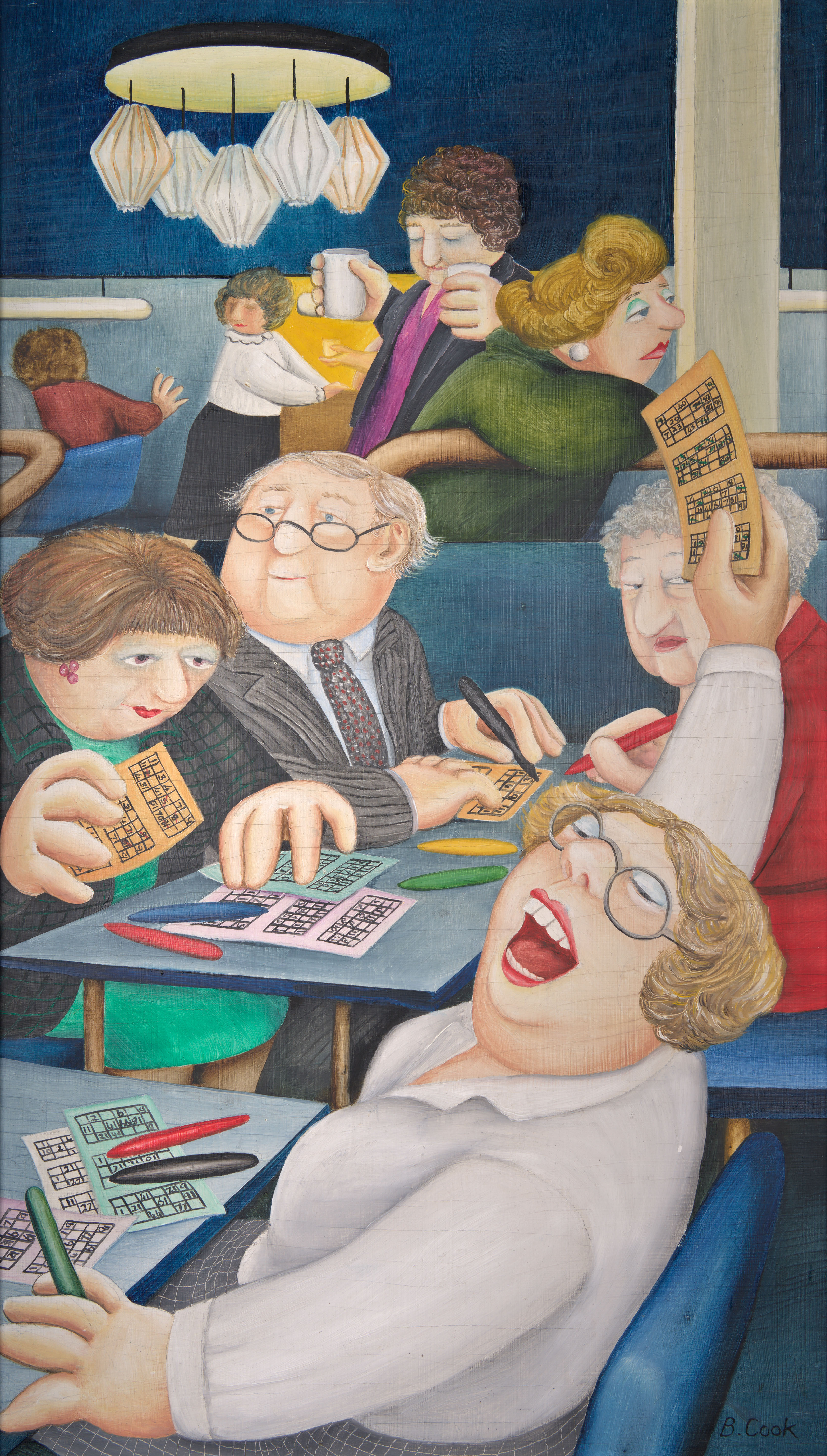 Illustration of people playing bingo in a cafe.