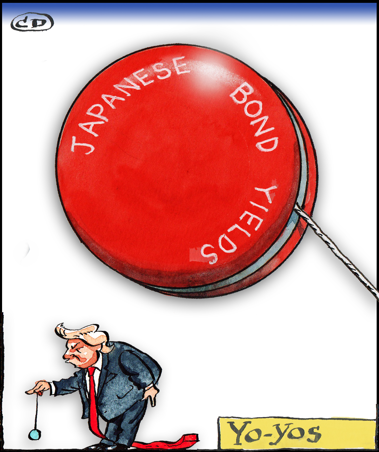 Illustration of a red yo-yo labeled "Japanese Bond Yields" and a caricature of Donald Trump playing with a small yo-yo.