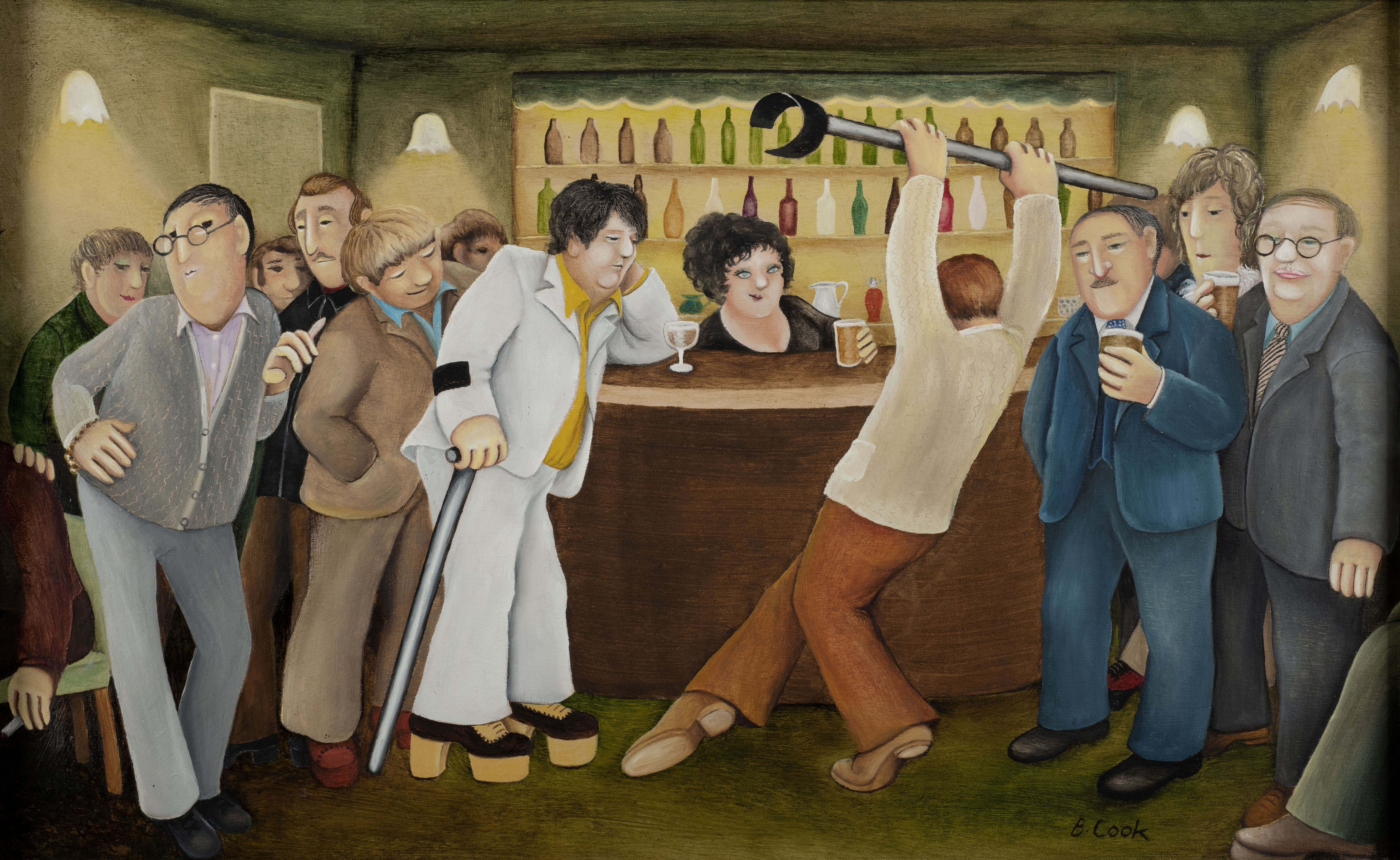 Illustration of a busy bar with a woman bartender, several men drinking, and one man holding a large wrench above his head.
