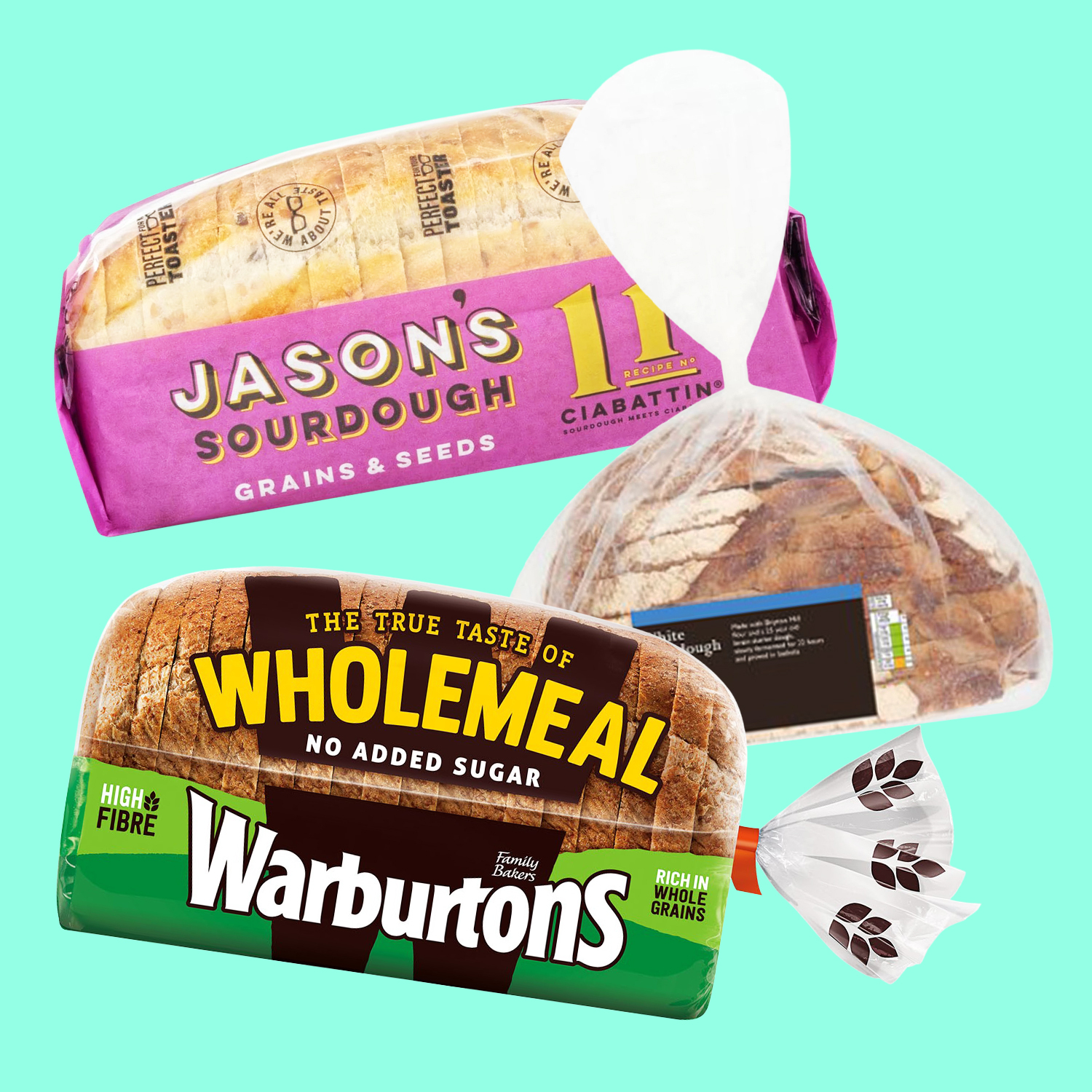 Three loaves of bread from different brands, including Jason's Sourdough and Warburtons Wholemeal.