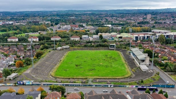 Belfast , United Kingdom - 10 October 2023; An aerial view of Casement Park, which was announced as one of the proposed venues for UEFA Euro 2028, in Belfast, for the 2028 UEFA European Football Championship. (Photo By Ramsey Cardy/Sportsfile via Getty Images)