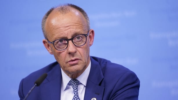 BRUSSELS, BELGIUM - JUNE 26: Federal Chacellor Friedrich Merz attends a press conference during the European Council on June 26, 2025 in Brussels, Belgium. Leaders from the European Union are meeting in Brussels to discuss the ongoing conflicts in Ukraine and the Middle East, as well as migration an