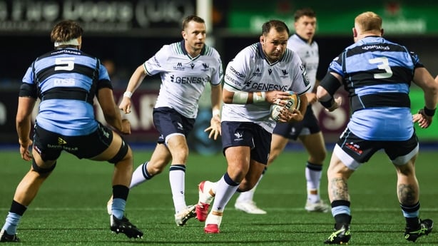 11 October 2025; Jack Aungier of Connacht Rugby takes on Keiron Assiratti of Cardiff Rugby during the United Rugby Championship match between Cardiff Rugby and Connacht at Cardiff Arms Park in Wales. Photo by Gareth Everett/Sportsfile