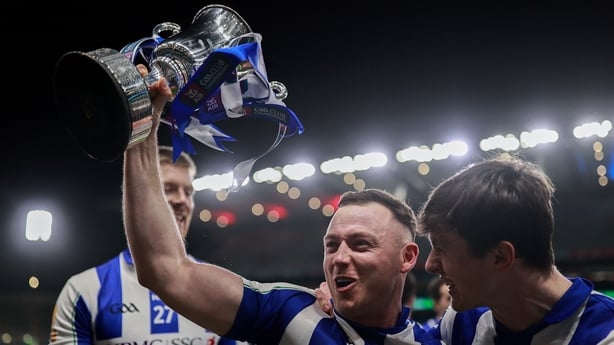 Ballyboden St Enda's players Cathal Flaherty, left, and James Madden celebrate with the Seán McCabe Cup after their side's victory the AIB Leinster GAA Football Senior Club Championship final match between Athy of Kildare and Ballyboden St Enda's of Dublin at Croke Park in Dublin.