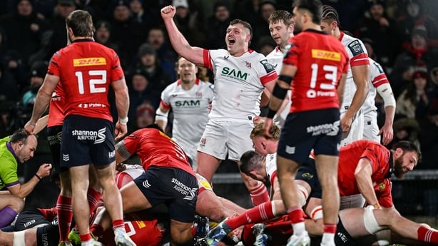 2 January 2026; Angus Bell of Ulster celebrates his side's first try, scored by Tom Stewart, during the United Rugby Championship match between Ulster and Munster at Affidea Stadium in Belfast. Photo by Ramsey Cardy/Sportsfile