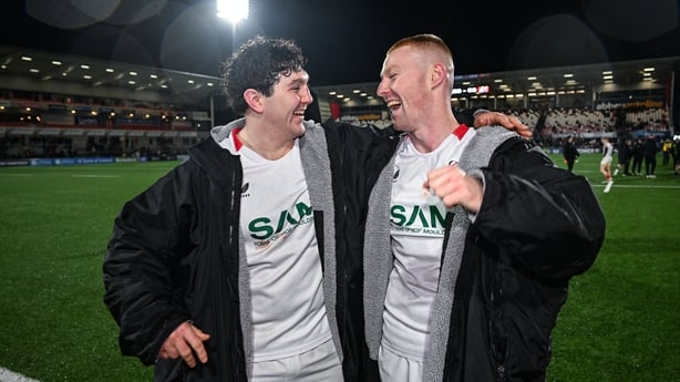 2 January 2026; Tom Stewart, left, and Nathan Doak of Ulster after their side's victory in the United Rugby Championship match between Ulster and Munster at Affidea Stadium in Belfast. Photo by Ramsey Cardy/Sportsfile