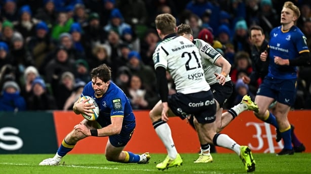 3 January 2026; Charlie Tector of Leinster scores his side's sixth try during the United Rugby Championship match between Leinster and Connacht at the Aviva Stadium in Dublin. Photo by Seb Daly/Sportsfile