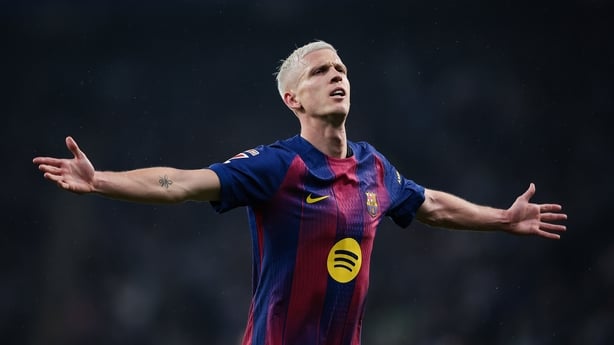 Dani Olmo of FC Barcelona celebrates after scoring the team's first goal during the LaLiga EA Sports match between RCD Espanyol de Barcelona and FC Barcelona at RCDE Stadium on January 03, 2026 in Barcelona, Spain. (Photo by Eric Alonso/Getty Images)
