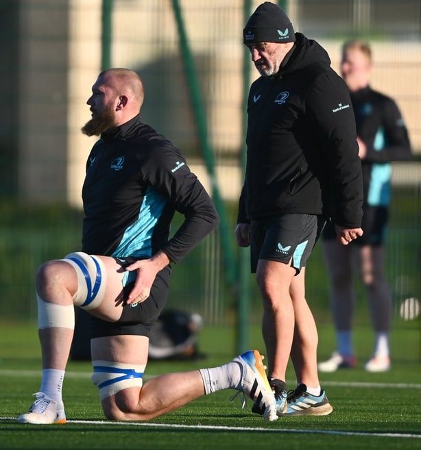 5 January 2026; Assistant coach Robin McBryde, right, with RG Snyman during Leinster Rugby squad training at UCD in Dublin. Photo by Shauna Clinton/Sportsfile