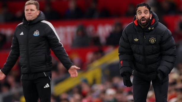 MANCHESTER, ENGLAND - DECEMBER 26: Ruben Amorim, Manager of Manchester United (R), and Eddie Howe, Manager of Newcastle United (L), react during the Premier League match between Manchester United and Newcastle United at Old Trafford on December 26, 2025 in Manchester, England. (Photo by Carl Recine/