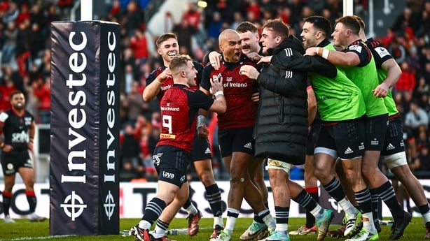 13 January 2024; Simon Zebo of Munster celebrates with teammates after scoring their side's second try during the Investec Champions Cup Pool 3 Round 3 match between RC Toulon and Munster at Stade Felix Mayol in Toulon, France. Photo by Eóin Noonan/Sportsfile