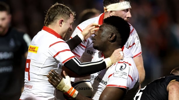 6 December 2025; Edwin Edogbo of Munster celebrates with teammate Craig Casey after scoring their side's first try during the Investec Champions Cup match between Bath and Munster at The Recreation Ground in Bath, England. Photo by Harry Murphy/Sportsfile