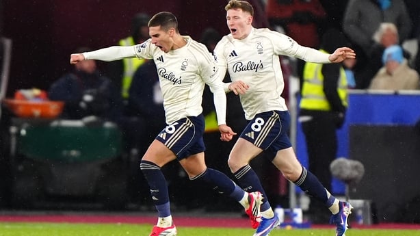 Nicolas Dominguez (l) of Nottingham Forest after scoring against West Ham, Premier League, January 2026