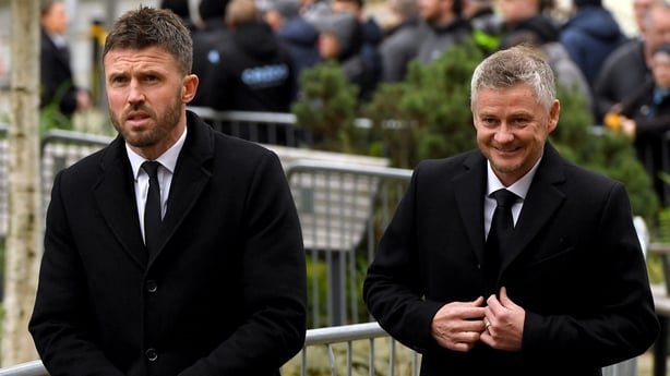 Former Manchester United players Michael Carrick and Ole Gunnar Solskjaer arrive ahead of the funeral service for Sir Bobby Charlton at Manchester Cathedral, Manchester. Manchester United and England great Sir Bobby Charlton died aged 86 in October. Charlton scored 249 goals for Manchester United, a