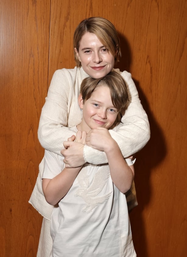 LOS ANGELES, CALIFORNIA - JANUARY 05: Jessie Buckley and Jacobi Jupe seem at a Special All Guild Screening of Focus Features' "Hamnet" at DGA Theater Complex on January 05, 2026 in Los Angeles, California. (Photo by Eric Charbonneau/Focus Features via Getty Images)