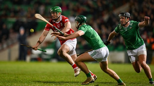 Robbie O'Flynn of Cork in action against Matthew Fitzgerald, centre, and Darragh O'Donovan of Limerick during the Co-Op Superstores Munster Senior Hurling League match between Limerick and Cork at TUS Gaelic Grounds in Limerick.