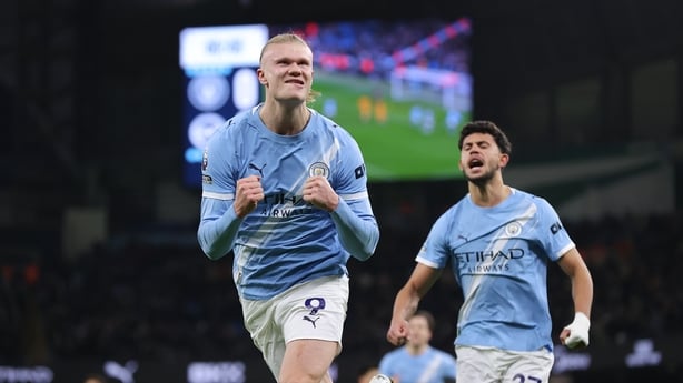 Erling Braut Haaland of Manchester City celebrates after scoring their side's first goal from the penalty spot, his 150th for Manchester City in all competition, during the Premier League match between Manchester City and Brighton & Hove Albion at Etihad Stadium on January 07, 2026 in Manchester, En