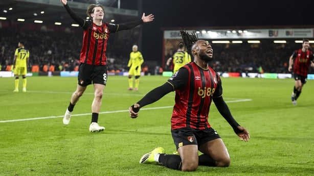 Antoine Semenyo of Bournemouth celebrates after he scores a goal to make it 3-2 during the Premier League match between Bournemouth and Tottenham Hotspur at Vitality Stadium on January 07, 2026 in Bournemouth, England.