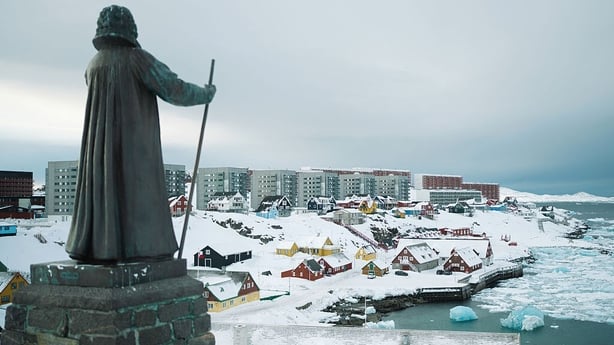 A statue of the Danish missionary Hans Egede, founder of Nuuk, overlooking the city of Nuuk, Greenland
