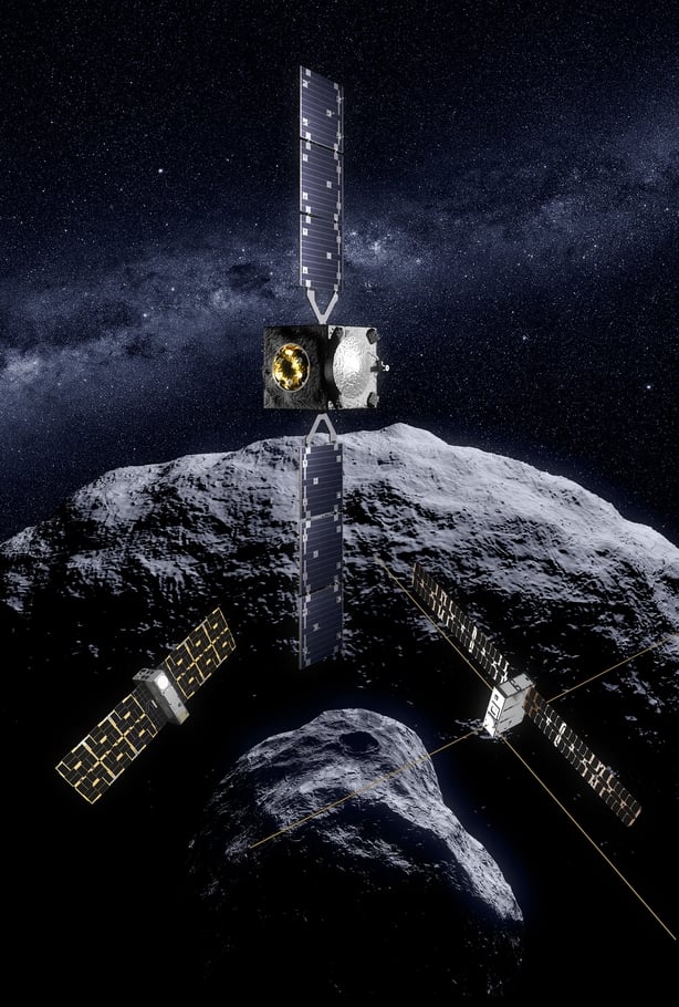 HERA a space probe visiting the near Earth asteroids Didymos and Dimorphos to provide spectacular views, and with two small CubeSats subsurface radar of the impact left by NASA's DART mission which intentionally crashed into Dimorphos in 2022. 