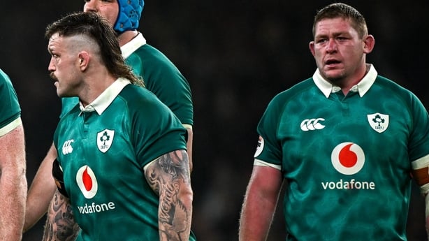 15 November 2025; Ireland players, from left, Nick Timoney, Cian Prendergast, Caelan Doris, Ryan Baird, Andrew Porter, Tadhg Beirne anf Tadhg Furlong during the Quilter Nations Series 2025 match between Ireland and Australia at the Aviva Stadium in Dublin. Photo by Seb Daly/Sportsfile