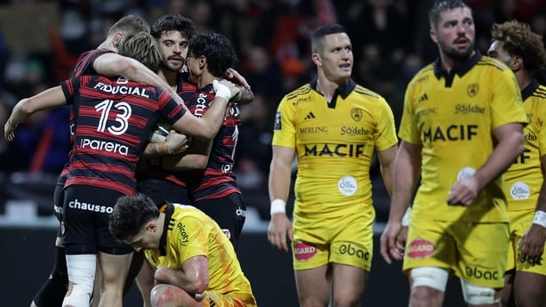 Toulouse's French fly-half Romain Ntamack (3rd L)