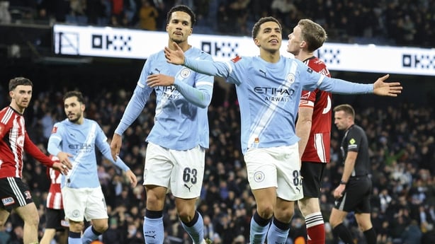 MANCHESTER, ENGLAND - JANUARY 10: Rico Lewis of Manchester City celebrates 10th goal during the Emirates FA Cup Third Round match between Manchester City and Exeter City on January 10, 2026 in Manchester, England. (Photo by Neal Simpson/Sportsphoto/Allstar via Getty Images)