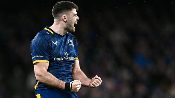 10 January 2026; Harry Byrne of Leinster celebrates after converting an 80th minute penalty to give his side a 25-24 victory during the Investec Champions Cup match between Leinster and La Rochelle at the Aviva Stadium in Dublin. Photo by Seb Daly/Sportsfile