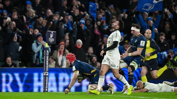 10 January 2026; Josh van der Flier of Leinster celebrates scoring his side's third try during the Investec Champions Cup match between Leinster and La Rochelle at the Aviva Stadium in Dublin. Photo by Brendan Moran/Sportsfile